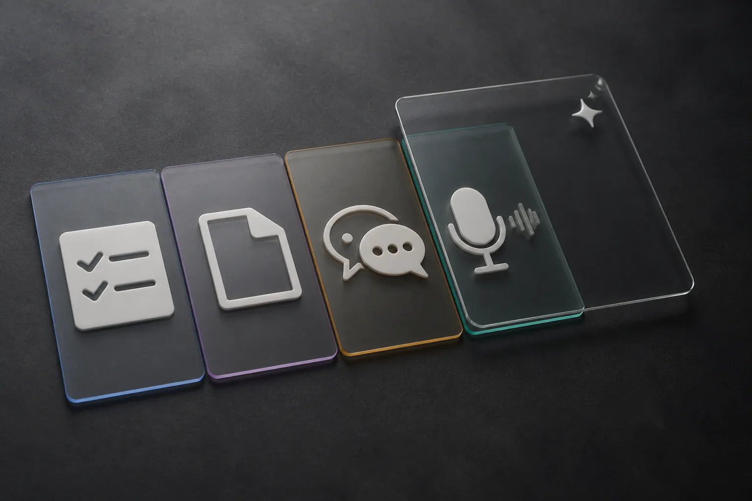 Four modern glass cards with clear symbols for work, documents, feedback, and meetings beneath one shared AI context layer