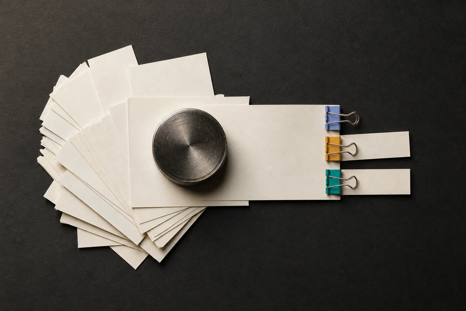 Many loose meeting fragments compressed into one decision card with three clipped action slips