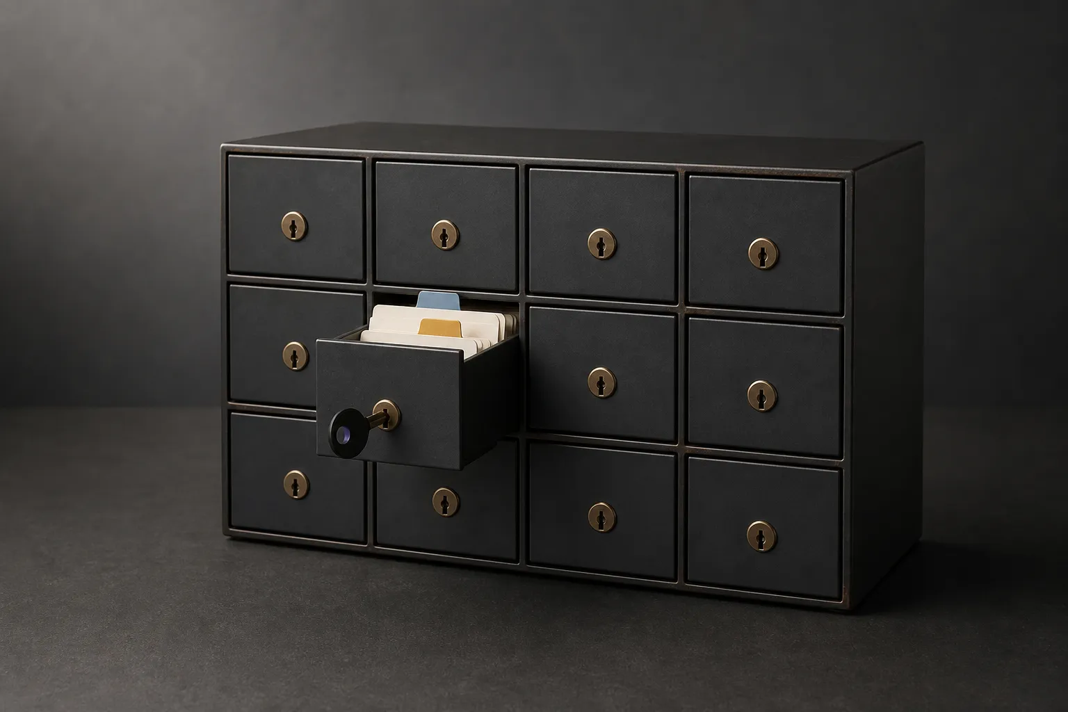 One physical key opening a single archival drawer while eleven other locked compartments remain closed