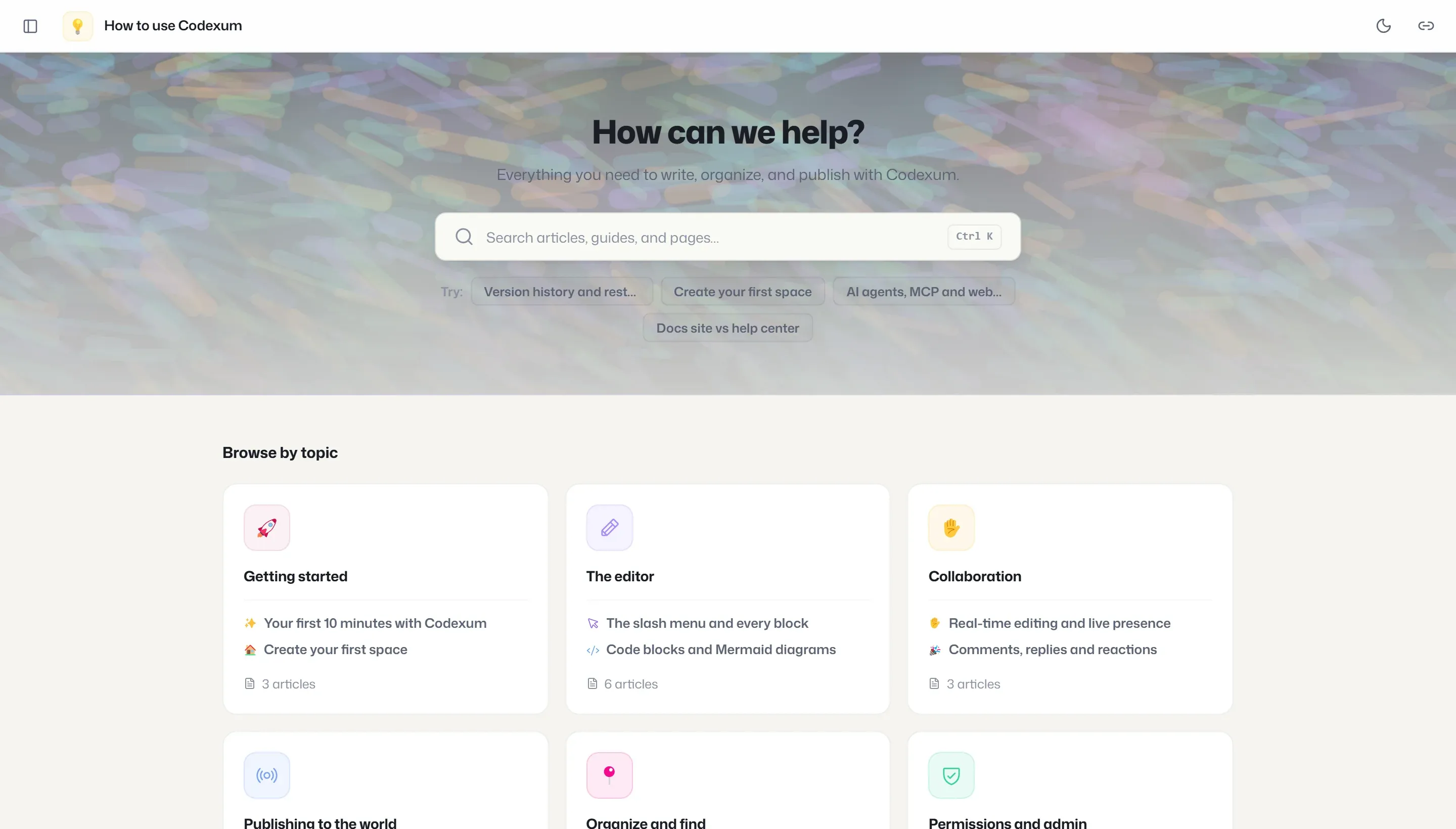 A live Codexum public help center, published from a single space