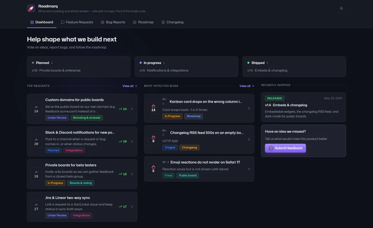 A Roadmarq feedback board with requests and bugs