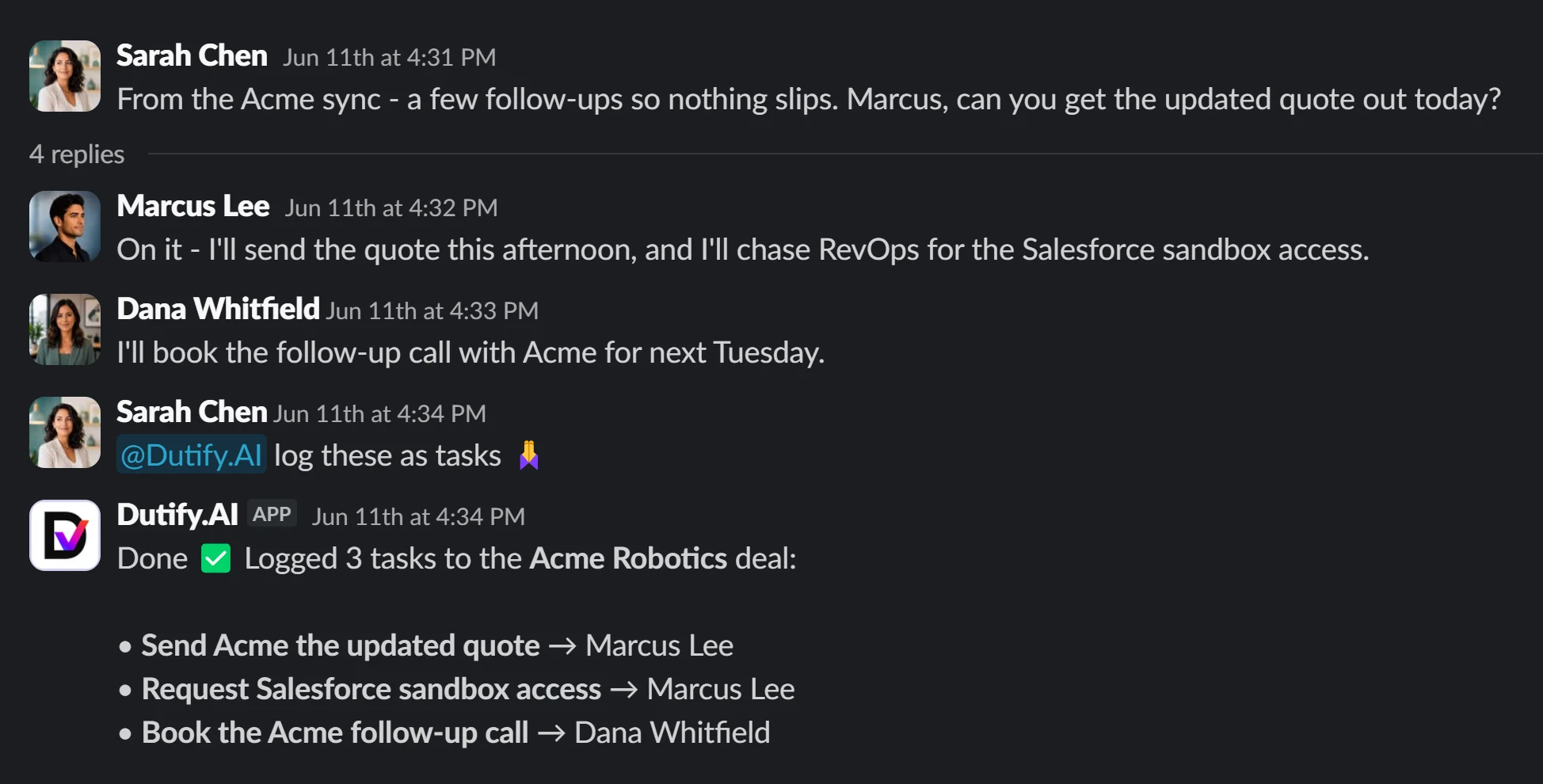 A Dutify Hub meeting recap in Slack with action items