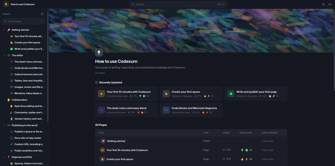 A published Codexum docs space with page tree, cover and content