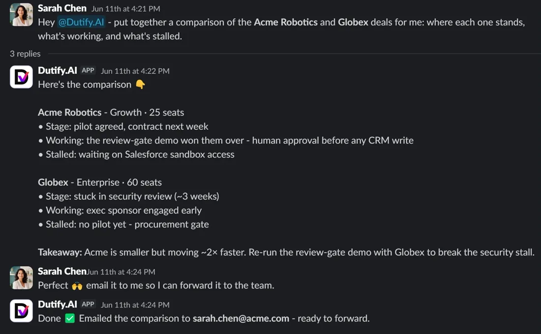 Lens in Slack comparing two deals, then emailing the summary to a teammate