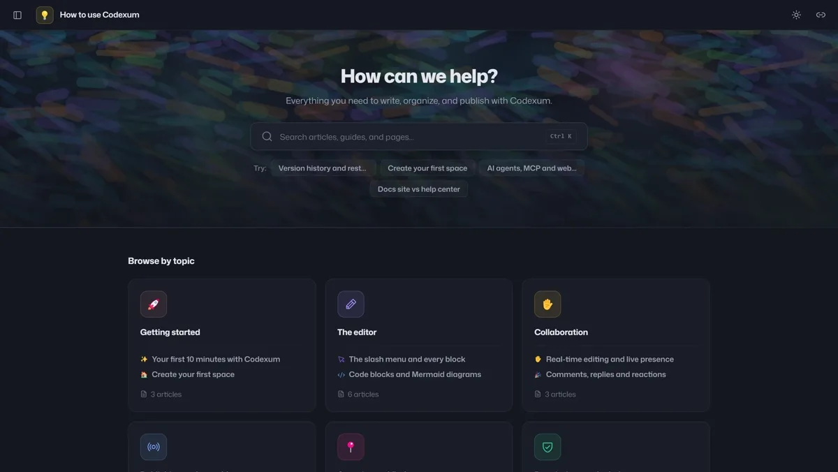 Dutify's published Codexum handbook - a public help center with search and topics