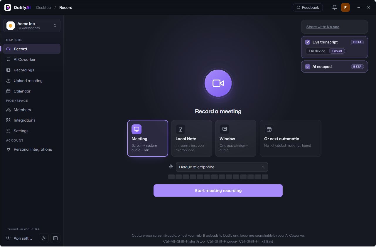 Dutify desktop AI Notetaker recording with live transcription